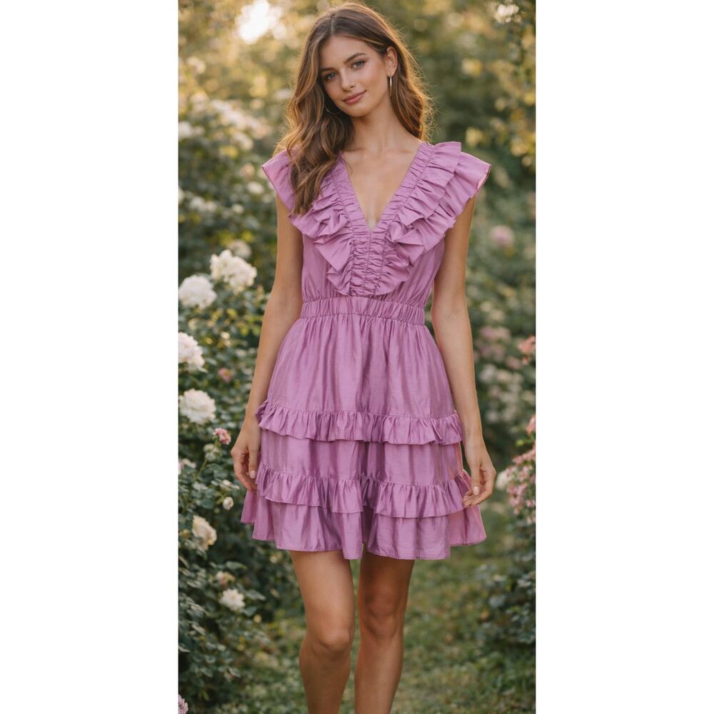 Endless Rose Ruffle Mini Dress Medium Lilac Tiered V Neck Feminine
